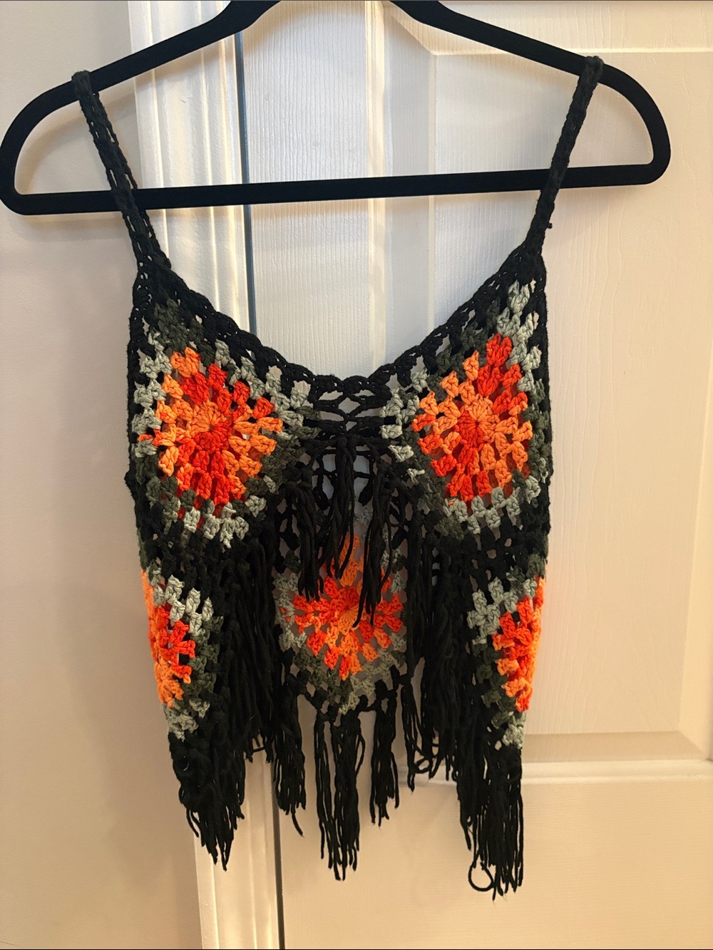 Crochet Fringe Tank Top - Black with Orange & Green Accents - Picture 2 of 5